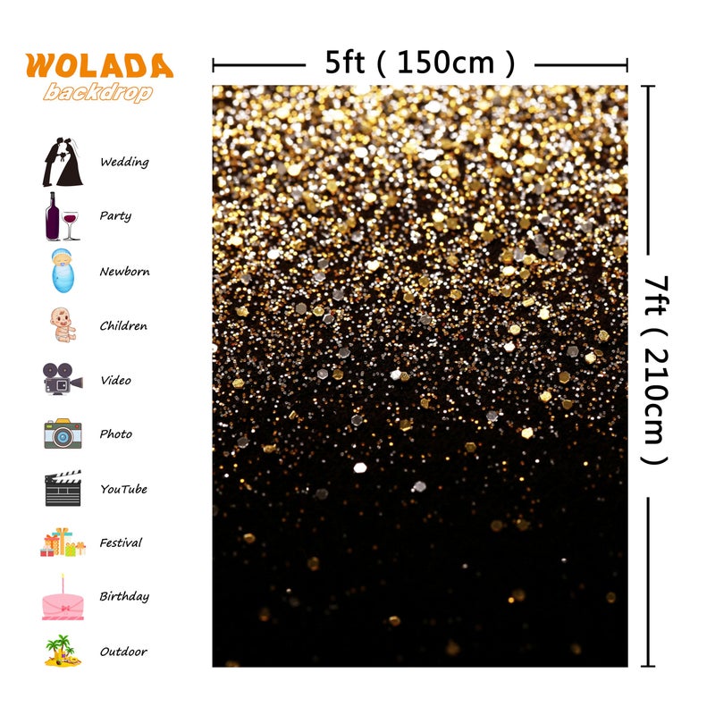 WOLADA Black and Gold Backdrop Golden Glitter Backdrop for Photography Wedding Birthday Baby Shower Party Photo Studio 5x7FT 11412 - Image 3